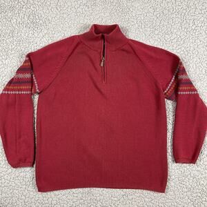St. Johns Bay Quarter Zip Sweater Mens Large Maroon Mock Neck Striped Sleeves
